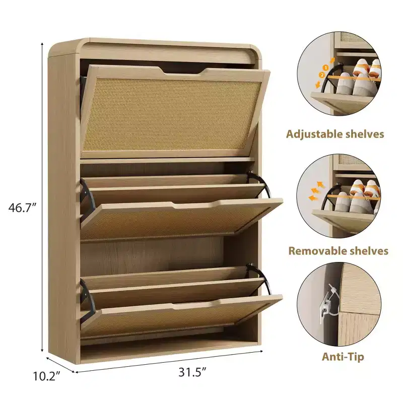 Shoe Cabinet with 3 Flip Drawers, Wooden Shoe Organizer Cabinet with Adjustable Shelf, Shoe Storage for Entryway, Hallway, Living Room