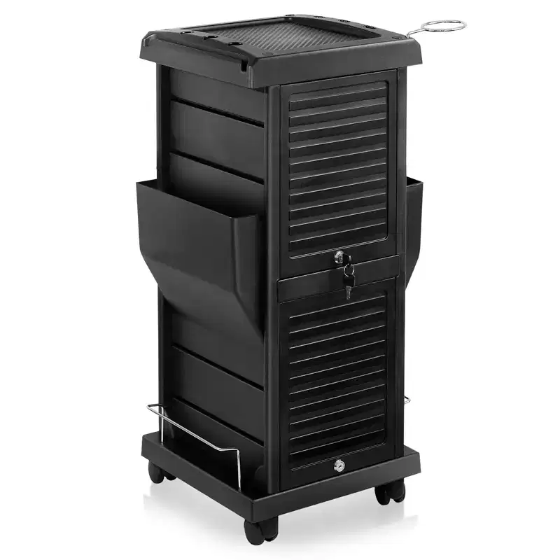 Premium Locking Rolling Trolley Cart with Side Tool Pockets, Black