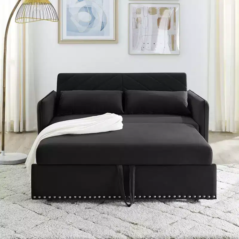 Love Seat Sofa Bed, Velvet, USB Port, Pull Out Couch with 2 Side Pockets & 2 Pillows for Small Living Room Bedroom Spaces