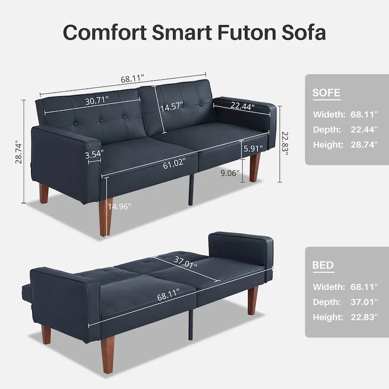Convertible Sofa Bed Adjustable Fabric Couch Sleeper Modern Recliner Reversible Loveseat Folding Daybed Guest Bed with 2 Pillows