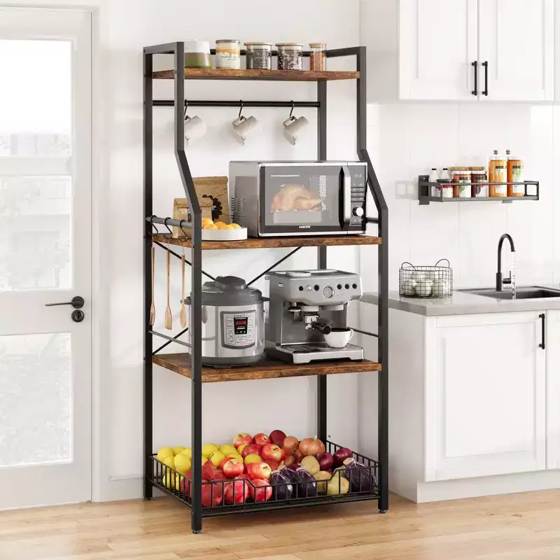 Kitchen Bakers Rack, Microwave Oven Stand with Large Wire Basket, Industrial Coffee Bar Station, 4-Tier Kitchen Utility Storage Shelf, Brown