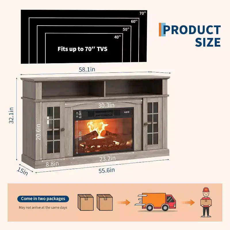 58 Modern TV Stand for 70'' TV - Glass Door Cabinet with Adjustable Shelf, Fits 23'' Electric Fireplace