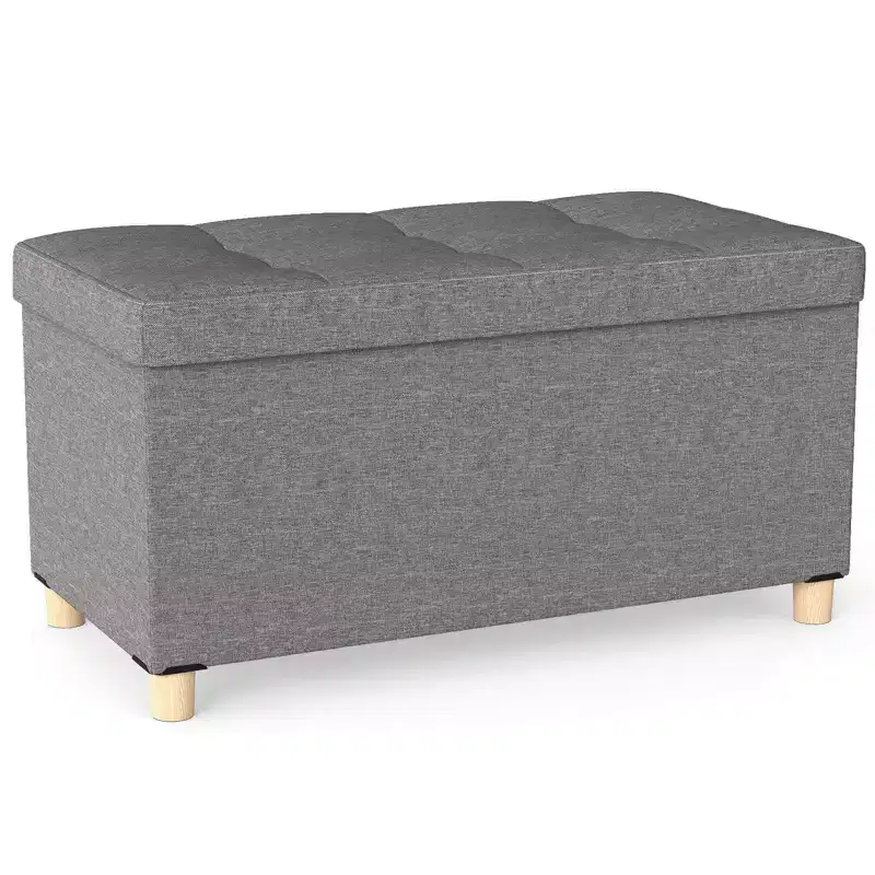 30 Storage Ottoman Bench with Tray Rubber Wood Legs for Small Space Entryway Gray/Beige