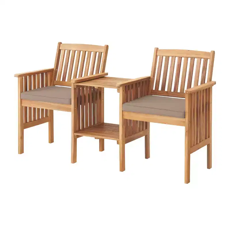 Bristol Acacia Wood Outdoor Double Seat Bench, Attached Table, Weather-Proof, Natural Finish, Porch, 60 in. W x 23 in. D x 35 in. H, Seat: 19 in. W x