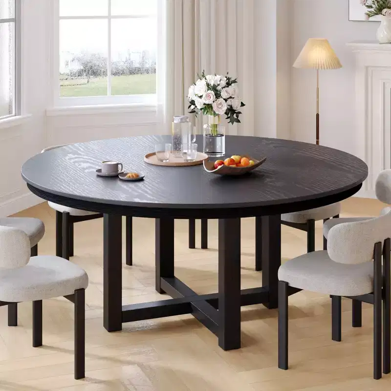59 x 59 Solid Wood Farmhouse Dining Table Round Wood Texture Top with Cross X Base for Modern Dining Rooms & Family Gatherings, Black
