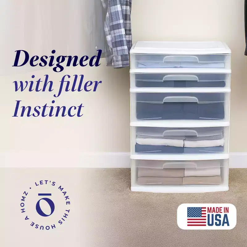 Extra-Wide Plastic Storage and Organizer Tower with 5 Clear Drawers for Home, Office, Classroom, Craft, Art Supplies, Clothes, White Frame