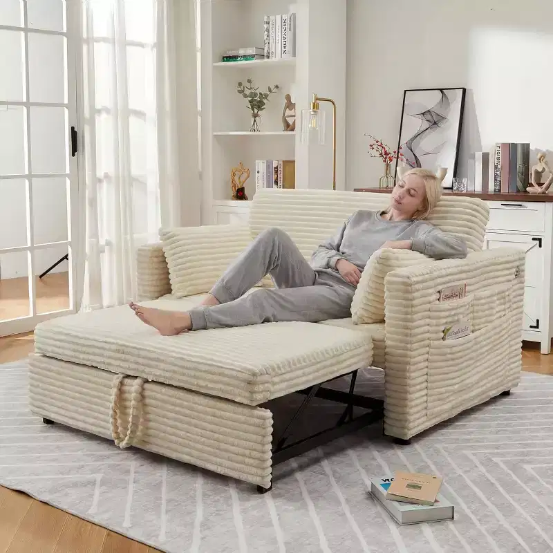 48'' Corduroy Loveseat Sleeper Sofa Bed, Adjustable Backrest with Charging Station & Side Pockets, Pull Out Couch for Living Room Bedroom Apartment