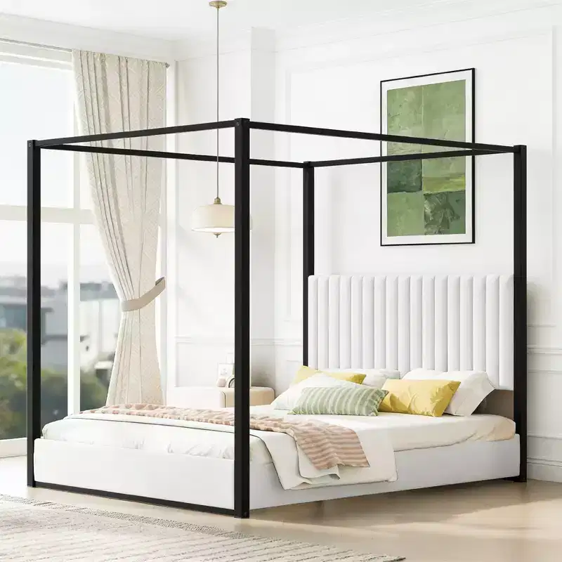 Luxystar Queen Size Modern Canopy Platform Bed with Upholstery Headboard, Black