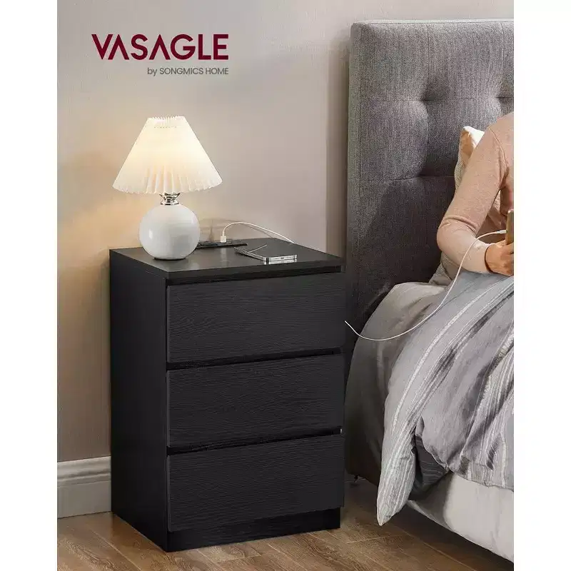 Nightstand with Charging Station, Bedside Table, Side End Table with 3 Drawers, 2 AC Outlets, 2 USB Ports, Beveled Drawer Fronts