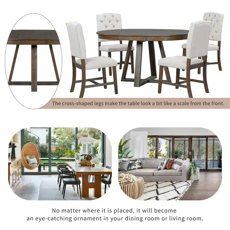 Whisen Retro Style 5-Piece Extendable Dining Set with 4-Botton Tufted Upholstered Chairs