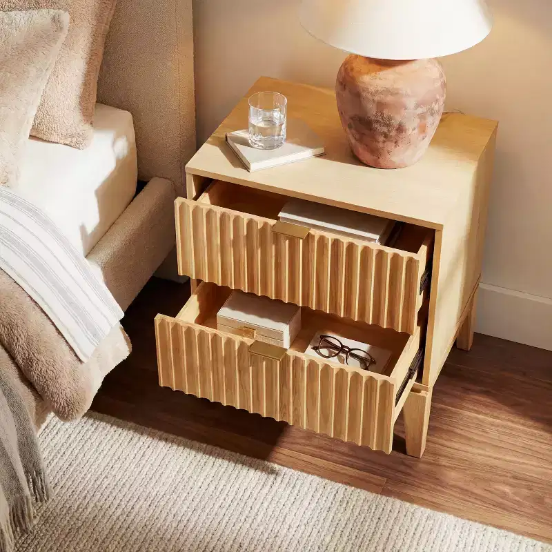Modern Fluted Wood Nightstand with 2 Drawers