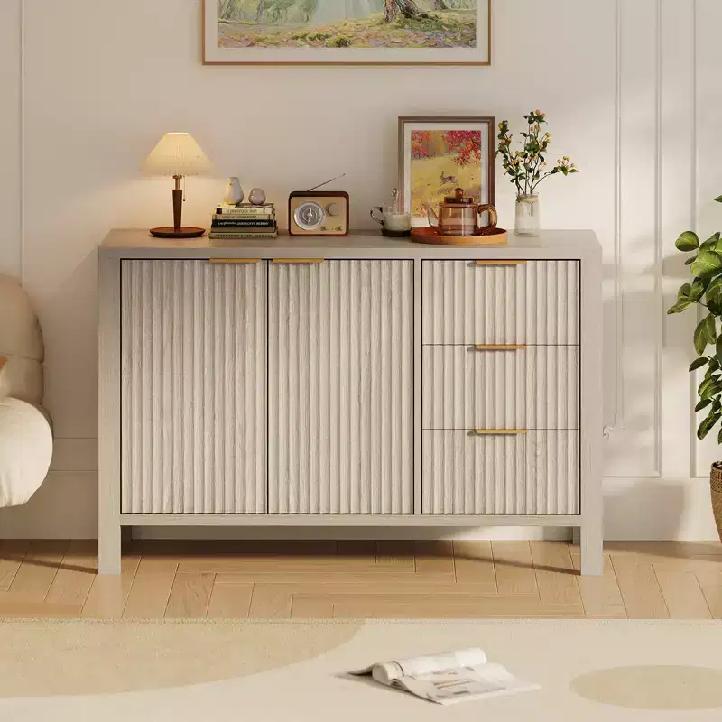 CuisinSmart 47 Fluted Sideboard Buffet Cabinet, Modern Mid Century Coffee Bar Cabinet with 3 Drawers&2 Doors for Living Room Kitchen