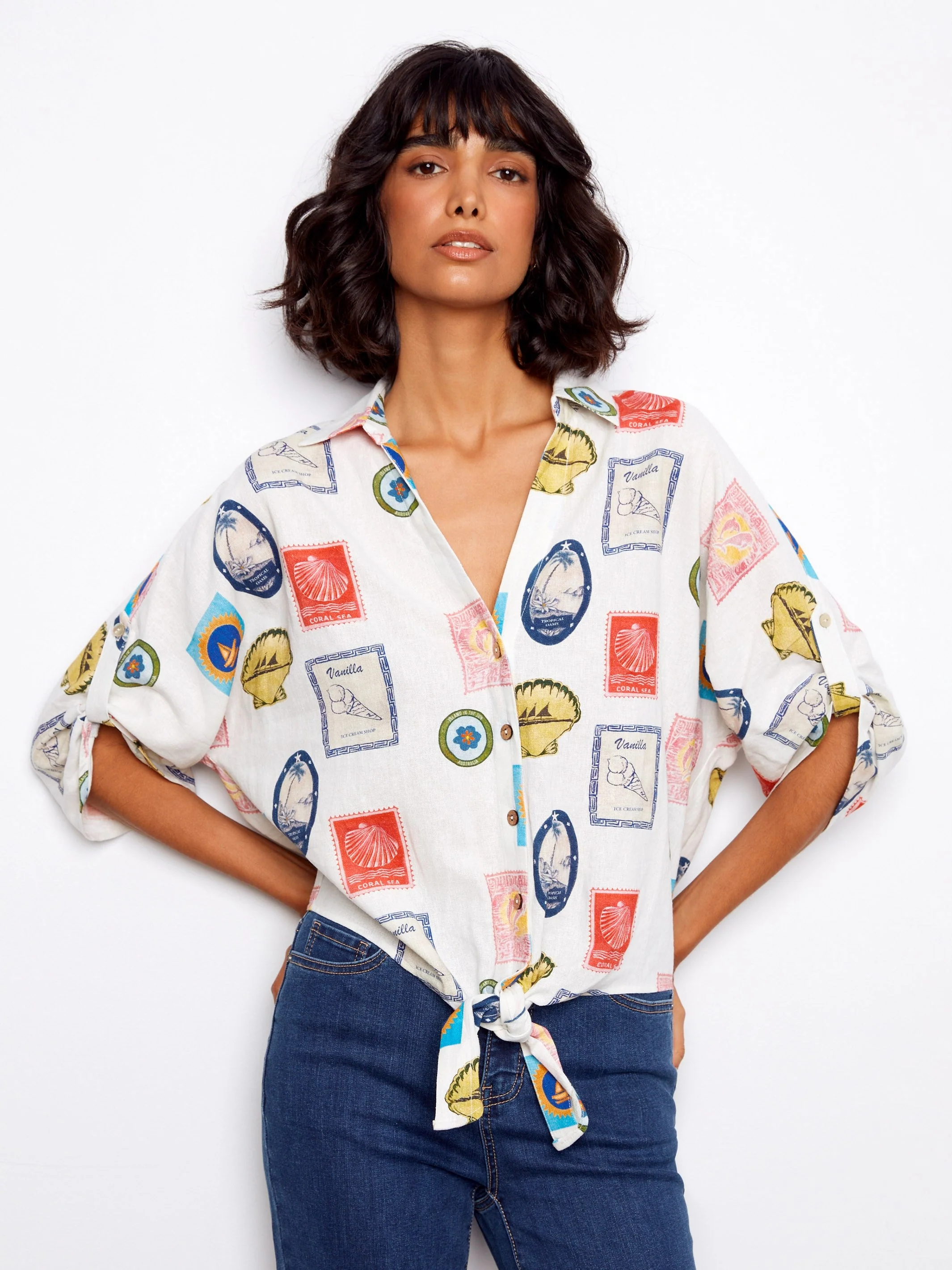 Printed Linen Blend Front-Tie Blouse - Graphic Print