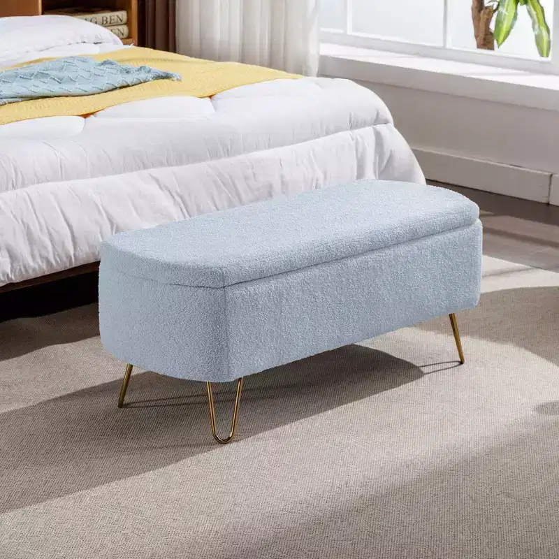 TUYOHW Faux Fur Storage Ottoman Bench,Bed Bench with Storage,Gold Metal Legs,Modern Upholstered End of Bed Bench for Living Room,Bedroom,Entryway