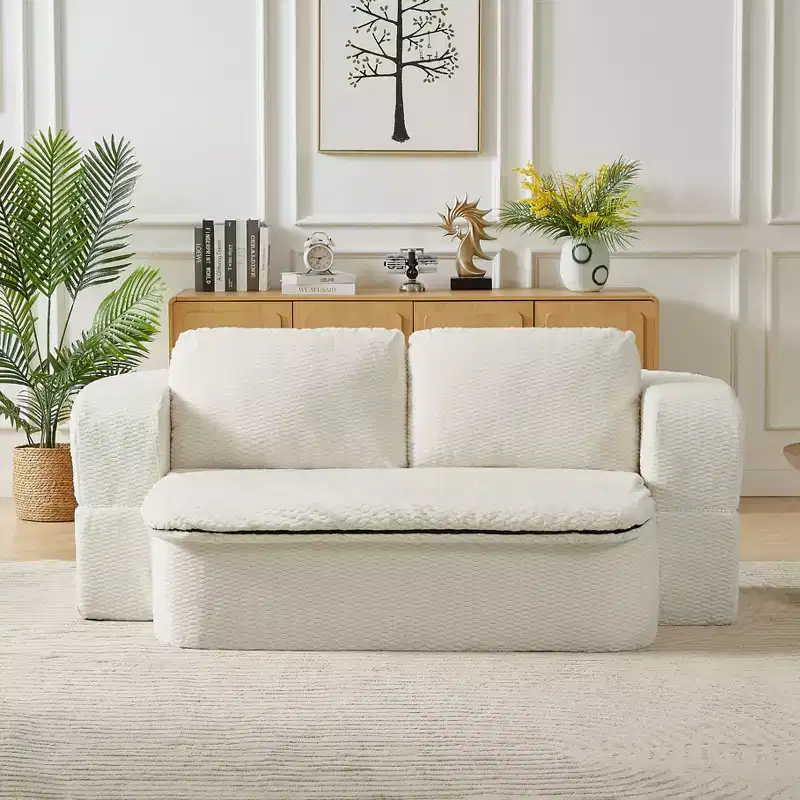 Modern Convertible Folding Futon Sofa for Living Room Bedroom, Deep Seat Sofa Couch with Comfy Backrest & Cushion Blanket