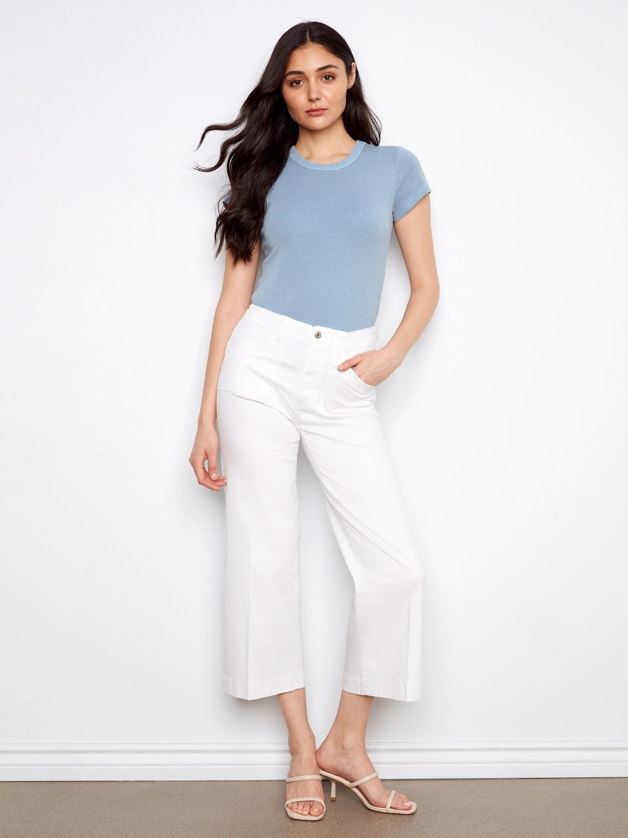 Cropped Wide Leg Stretch Twill Jeans - White