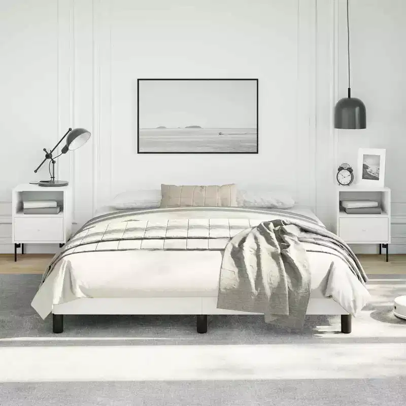 Bed Frame White Faux leather Queen Strong Bed Frame
