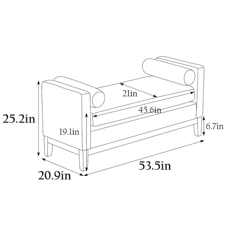 Elegant 53.5 Upholstered Ottoman Bench with Wood Legs & Bolster Pillows