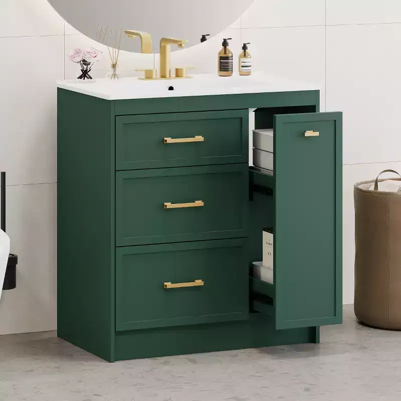 Bathroom Vanity With Single Top Sink, Freestanding Modern Bathroom Storage Cabinet With 3 Drawers, Single Sink Vanity For Small Space Bathroom Green