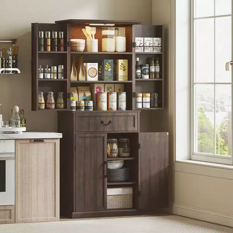 HOMCOM 71 LED Kitchen Pantry Cabinet, Farmhouse Storage Cabinet with Door Shelves, Adjustable Shelves and Drawer, Distressed Brown