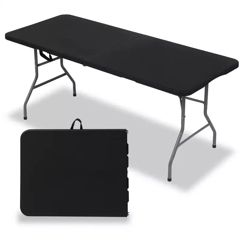 6-Foot Rectangular Portable Folding Table, HDPE Plastic, Steel Legs, Seats 8, Black