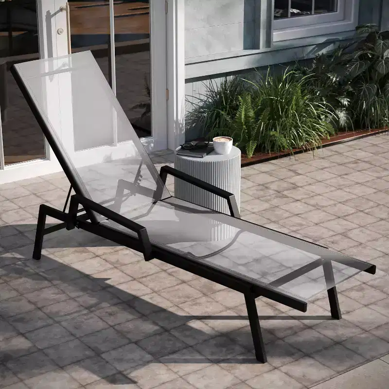 Emma and Oliver Textilene Adjustable 5 Position Patio Chaise Lounge with Armrests and Metal Frame