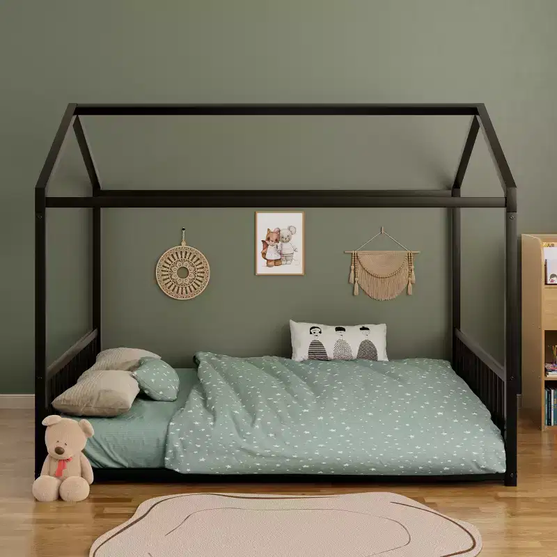 Full Size Metal Floor Bed Frame with House Shape and Guardrails