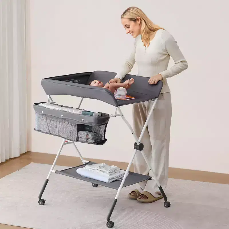 VEVOR Baby Changing Table, Foldable Diaper Change Station with Side Basket,Lockable Wheels, Multi-Functional Storage Organizer Nursery,Dark Gray