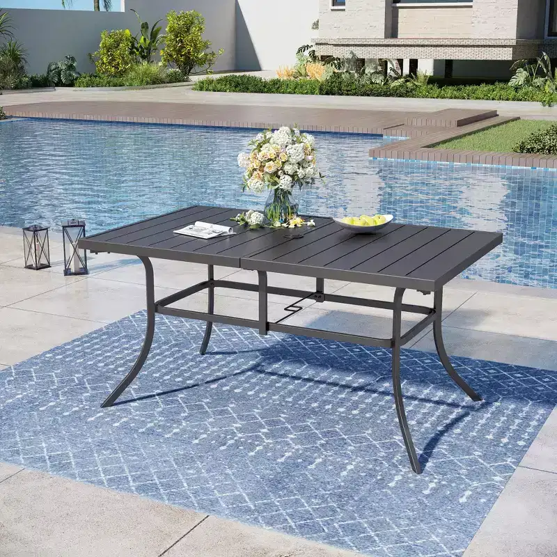 Captiva Designs 8pc Outdoor Slat-top Rectangular Steel Dining Table & Black Steel Chairs & Beige Umbrella