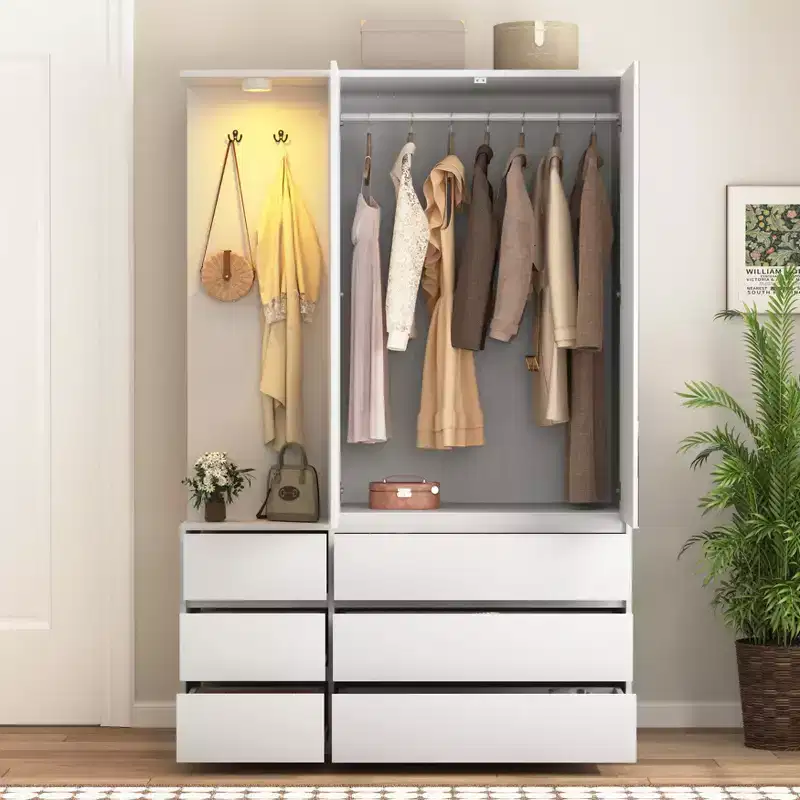 JVNOXK Modern White Wooden Wardrobe Closet 71.7 H, 2 Doors 6 Drawers Bedroom Armoire with Hanging Rail & Storage Shelves