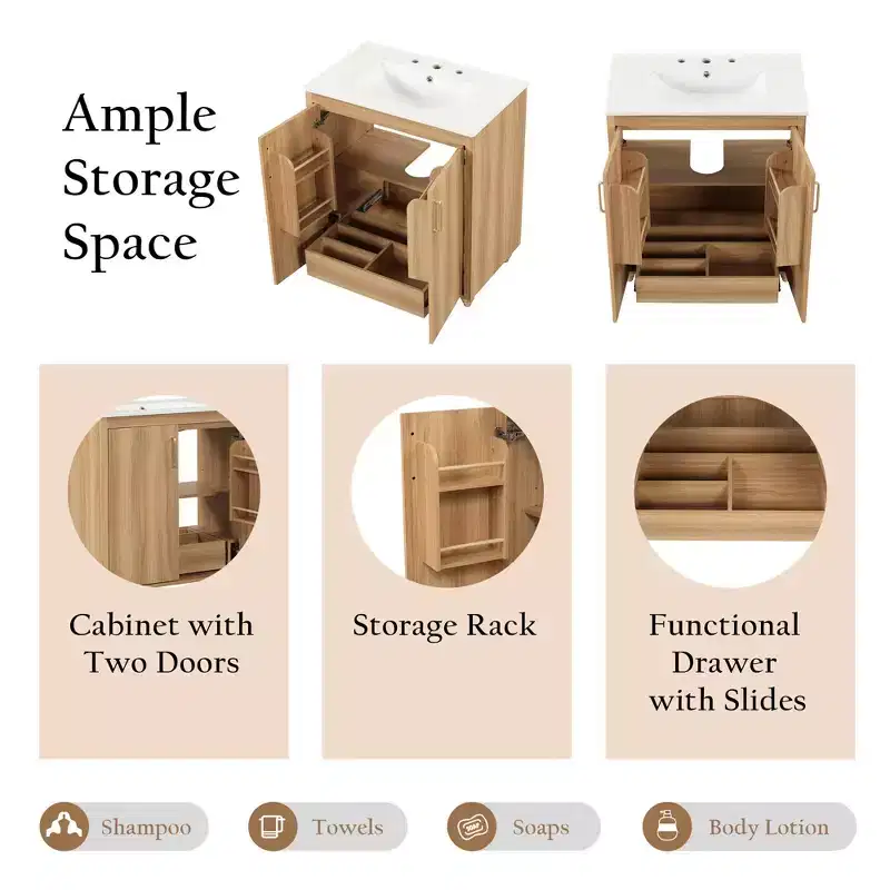 30-Inch Bathroom Vanity with Sink, Cabinet, Drawer & MDF Construction – Natural Finish