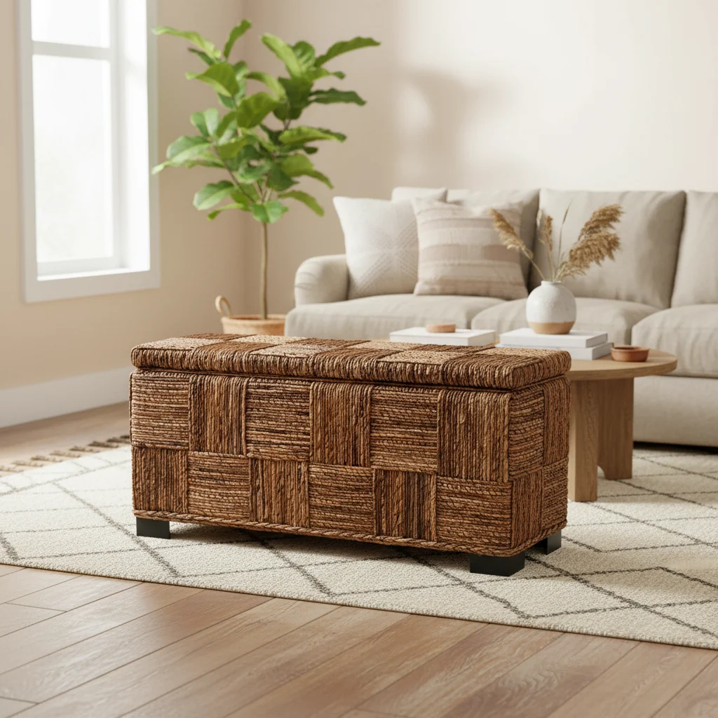 Abaca Double Bench with Storage, Handwoven, Flip-Top Lid, Coastal Design, Brown