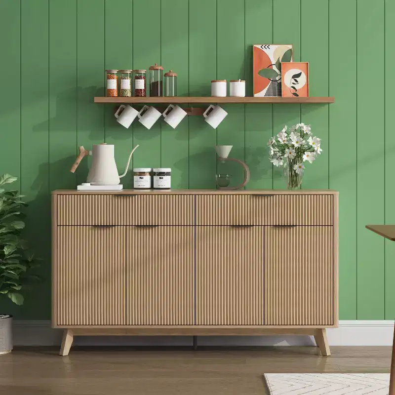 60 Sideboard Buffet Cabinet, Fluted Entryway Coffee Bar Cabinet with 2 Drawers, Wooden Media Console Table, Accent Credenza for Living Room Kitchen