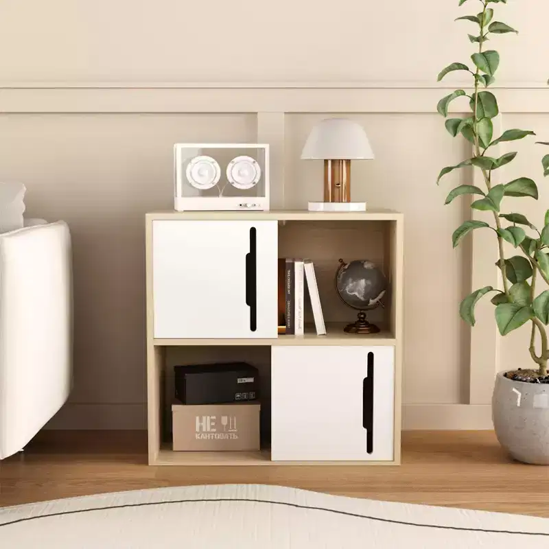 Modern Storage Cabinet with Sliding Doors, 2-Tier Open and Closed Shelves, Natural Wood with White Panels