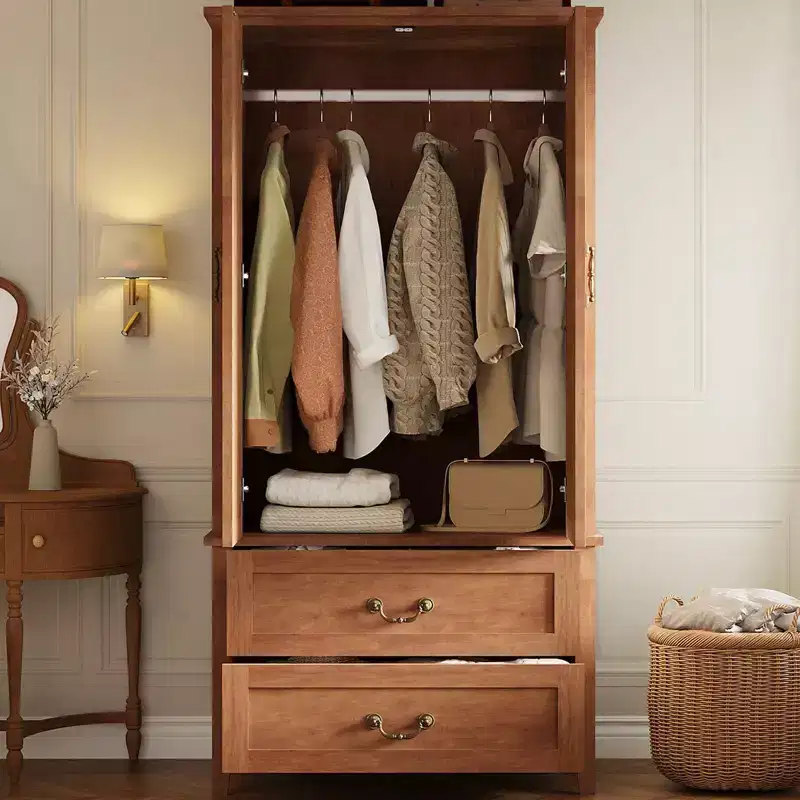 Wood Armoire Wardrobe Closet with 2 Drawers, 71''H Clothing Storage Cabinet with Metal Handing Rod, Armoire Clothes Organizer for Bedroom, Cloak Room