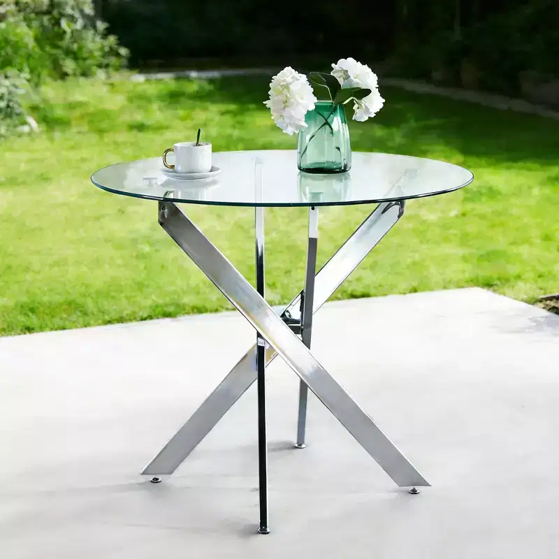Dining Table with Cross Metal Leg and Tempered Glass Top, Modern Space-Saving Design for Kitchen or Living Room