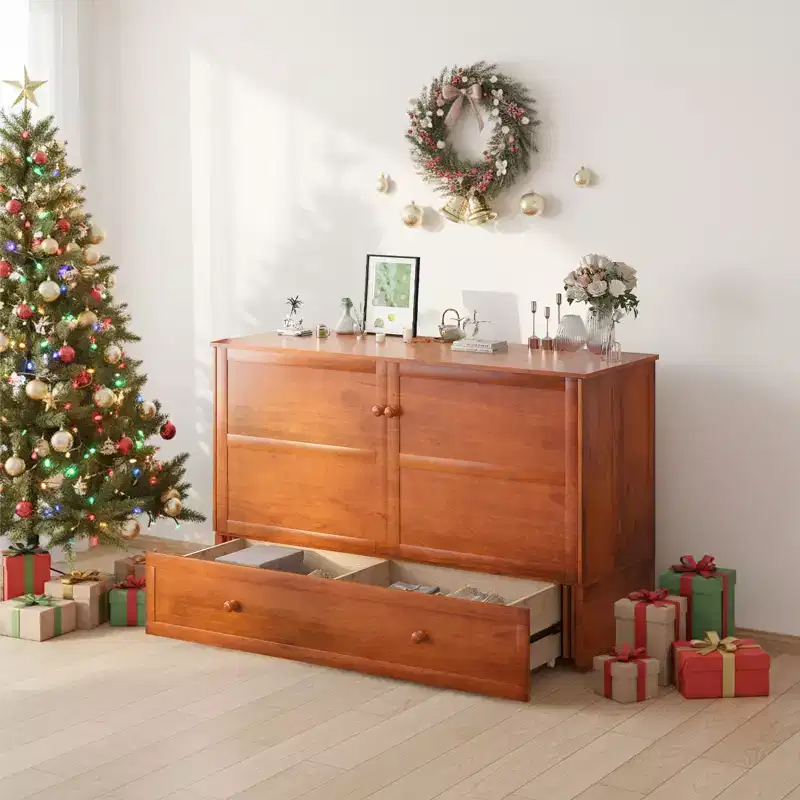 Murphy Bed Cabinet, Modern Murphy Bed Queen with Mattress, Built-in USB Charging Station & Drawers