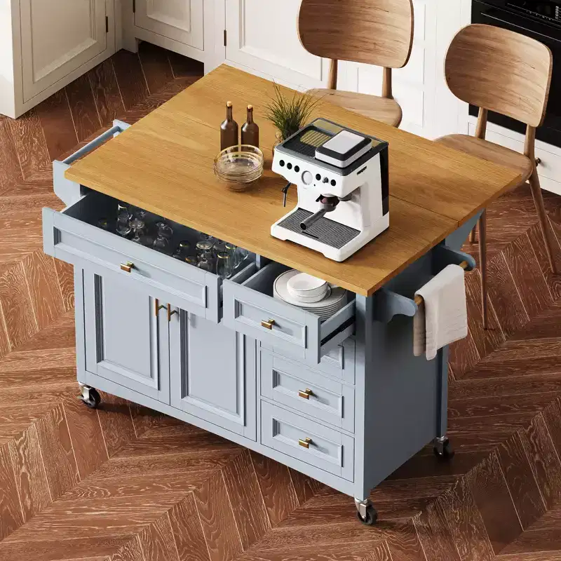 Kitchen Island with Drop Leaf, Rolling Kitchen Islands on Wheels with Drawer, Kitchen Storage Island with Adjustable Shelf