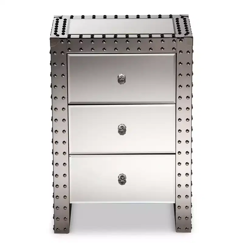 Azura Nightstand Bedside Table Silver - Baxton Studio: 3-Drawer, Crystal Knobs, Fully Assembled