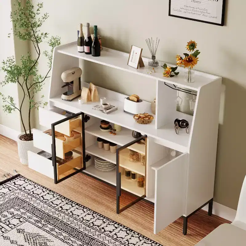 Modern 64 Wooden Buffet Storage Cabinet With Glass Doors, Cup Holder and 3 Drawers