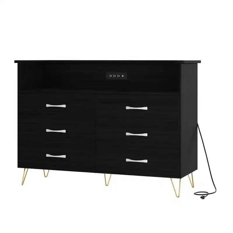 Black/Pink/White 6-Drawer Dresser with LED Lights & Charging Station for 1