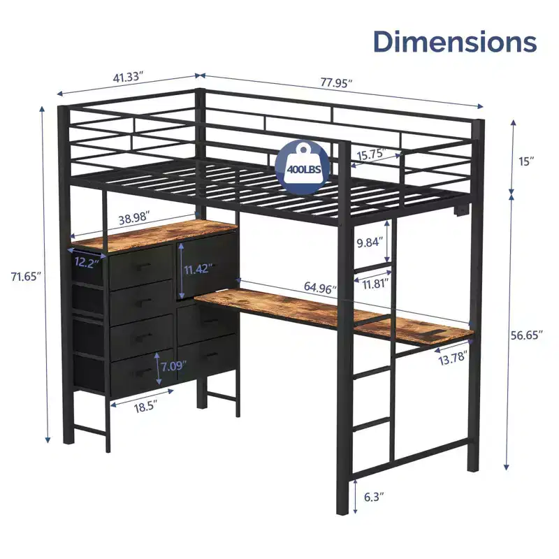 Black Twin Loft Bed with Desk, 7 Storage Drawers and LED Light