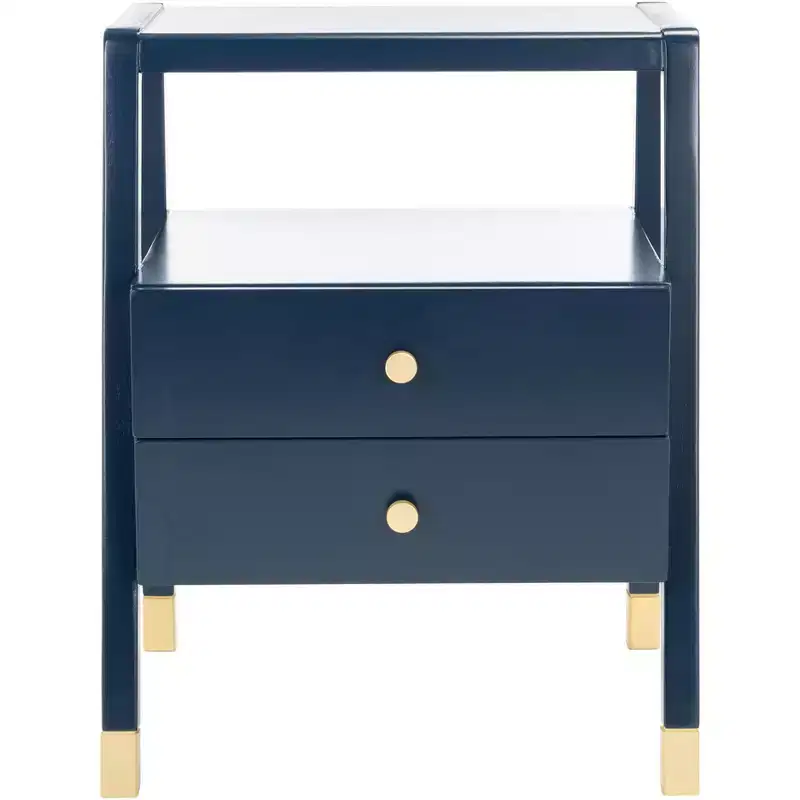 2 Drawer 1 Shelf Accent Table - Navy & Gold, Bayur Wood & MDF, Veneer Top, 19