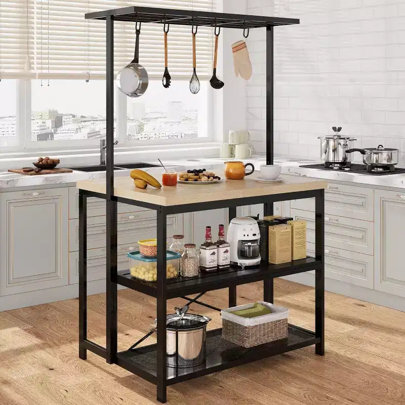 Kitchen Island with Power Outlets, Mobile Bakers Rack with 3 Shelves & Hooks
