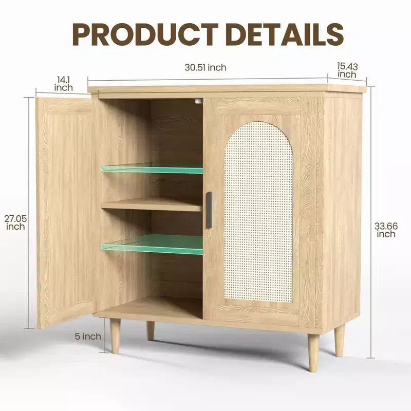 Rattan Buffet Cabinet with 2 Doors and Adjustable Shelves