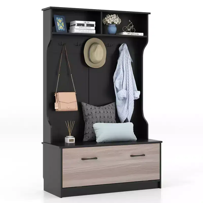 63-Inch Hall Tree with Coat Rack, Storage Bench, and Cabinet