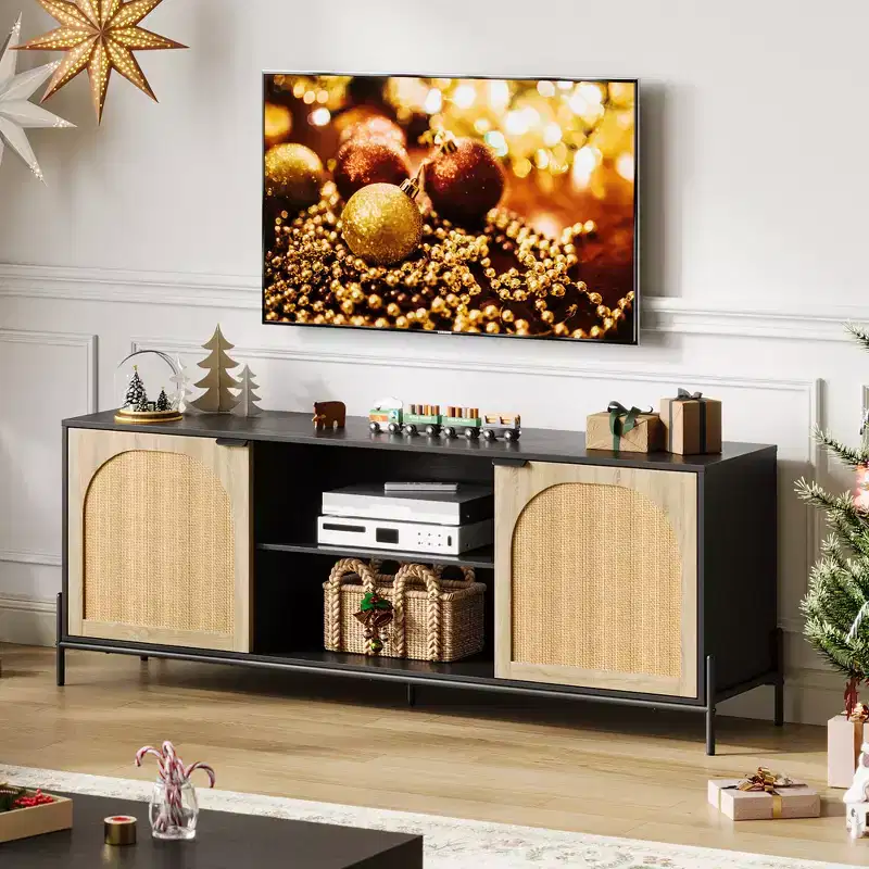 Rattan TV Stand for 75 inch TVs, Entertainment Center with Storage, 65 Inch TV Console Table for Living Room, Bedroom