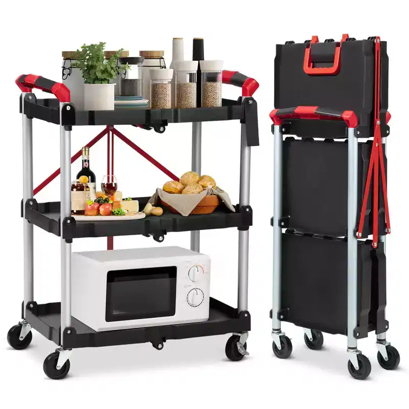 3-Tier Rolling Utility Cart - Foldable Storage with Locking Wheels for Kitchen, Office & More