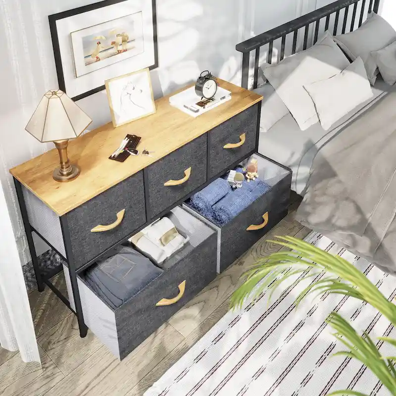 5-Drawer Fabric Dresser Storage Tower with Metal Frame – Dark Grey / Black Grey / Black Wood Grain / Gray / Light Wood, 1-Unit