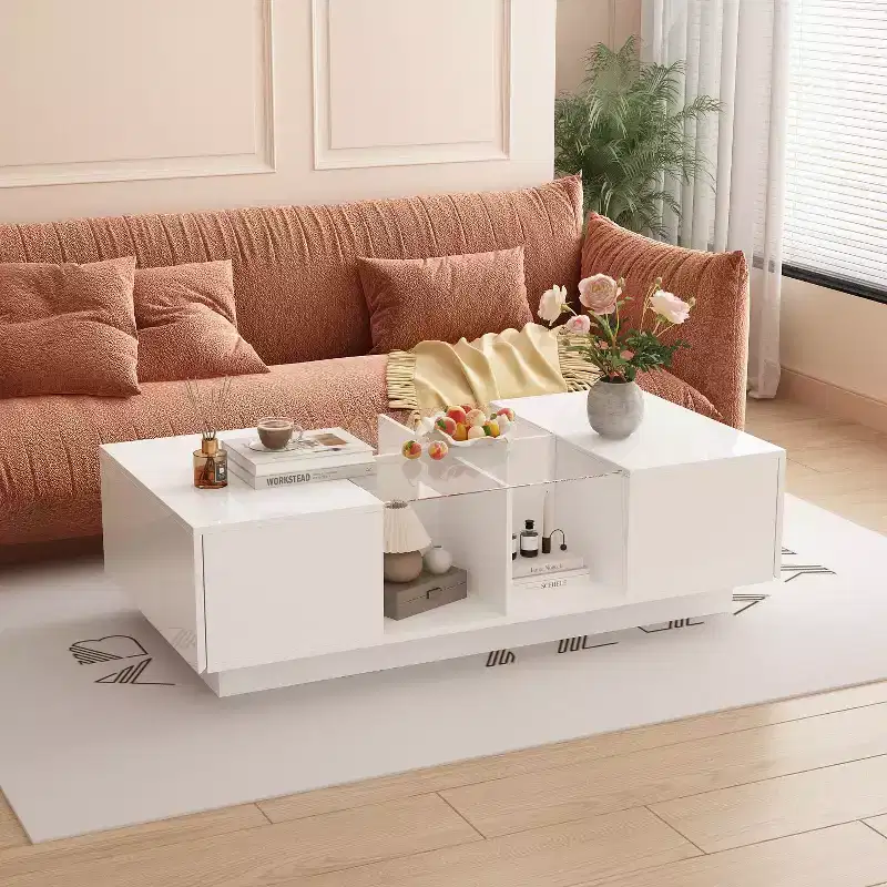 White High-Gloss LED Coffee Table - Multi-Zone Storage with Drawer & Open Compartments